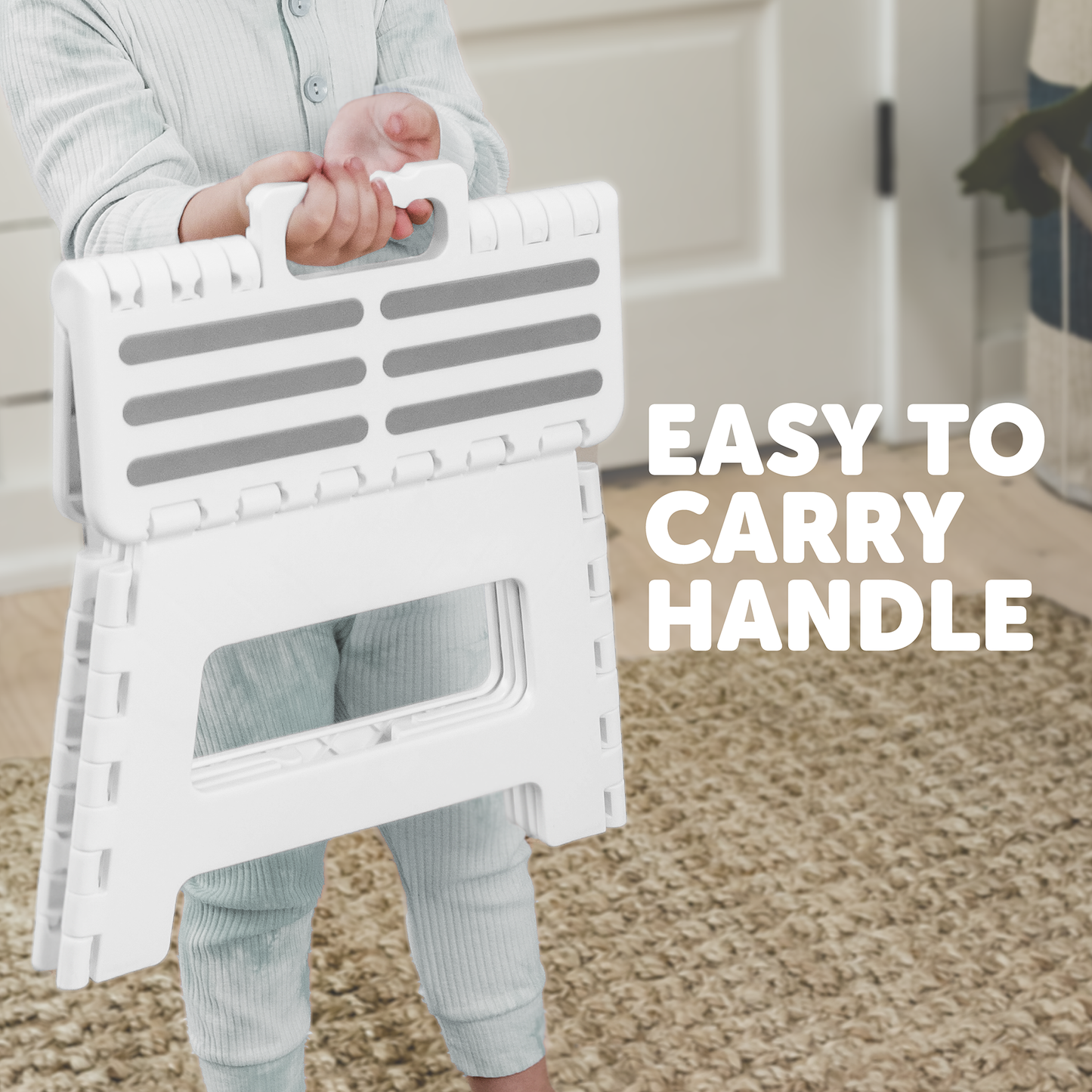 Person holding a white folding stool with an 'Easy to Carry Handle' text overlay.