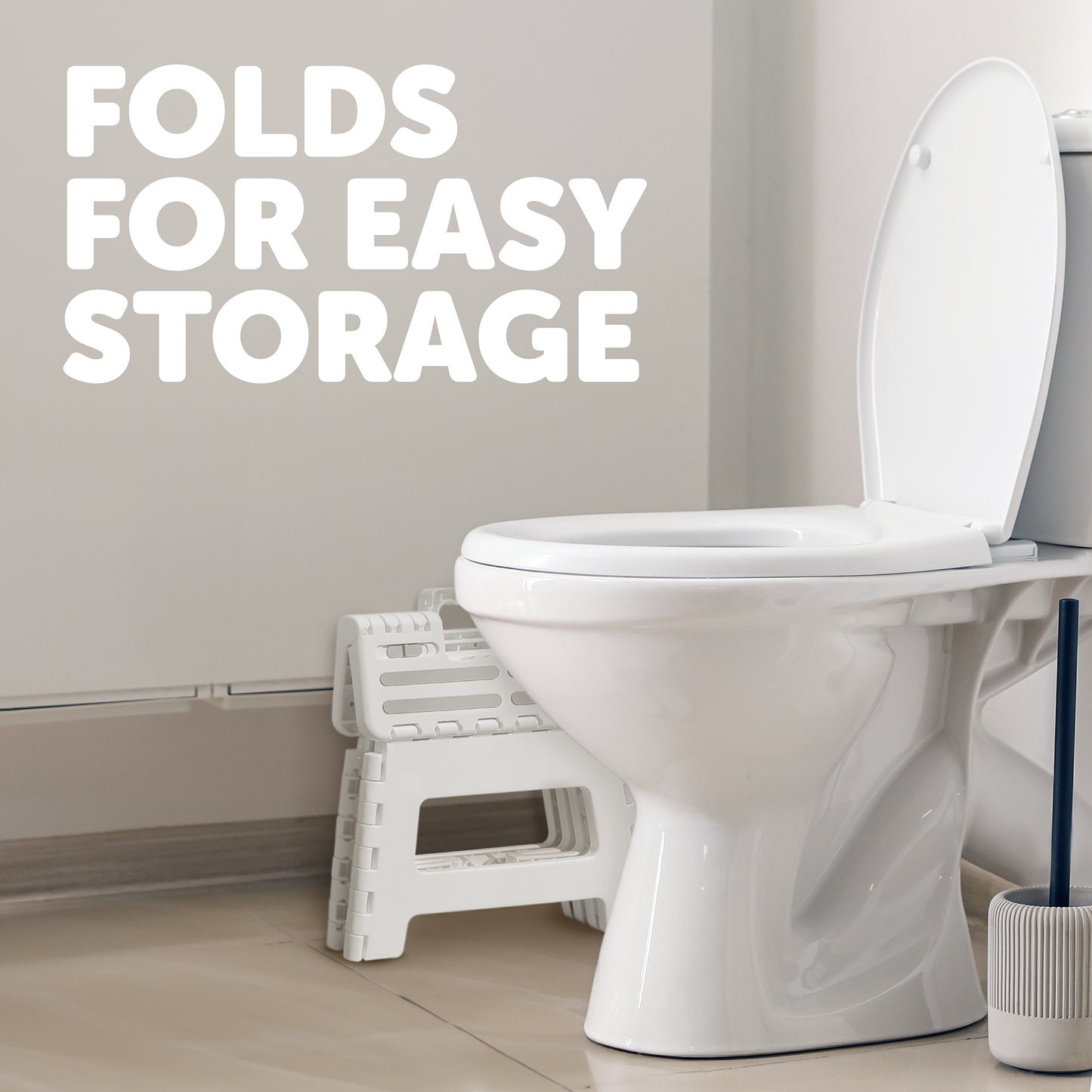 White toilet with a step stool next to it in a bathroom setting, with text 'Folds for Easy Storage'.