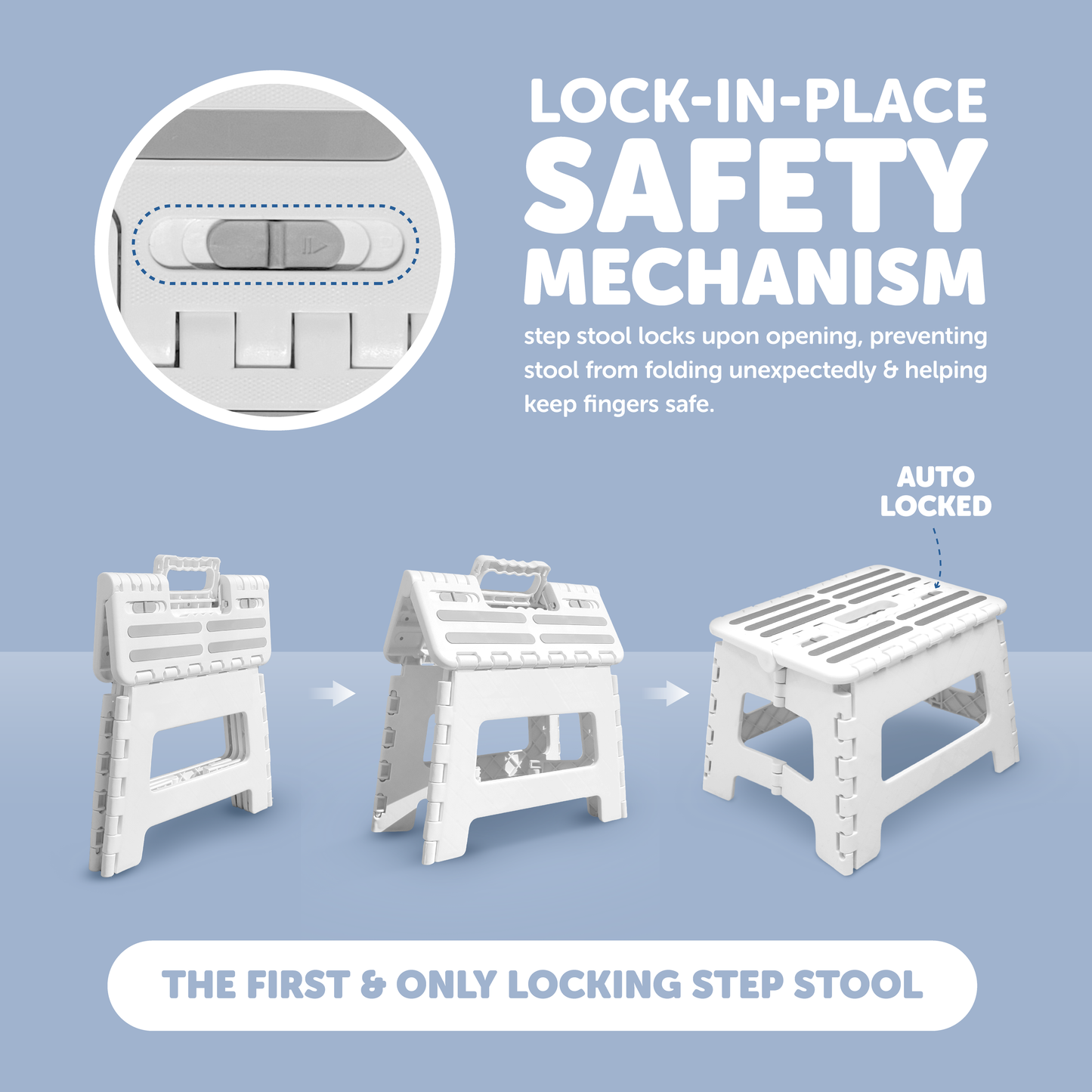 White step stool with lock-in-place safety mechanism on a light blue background