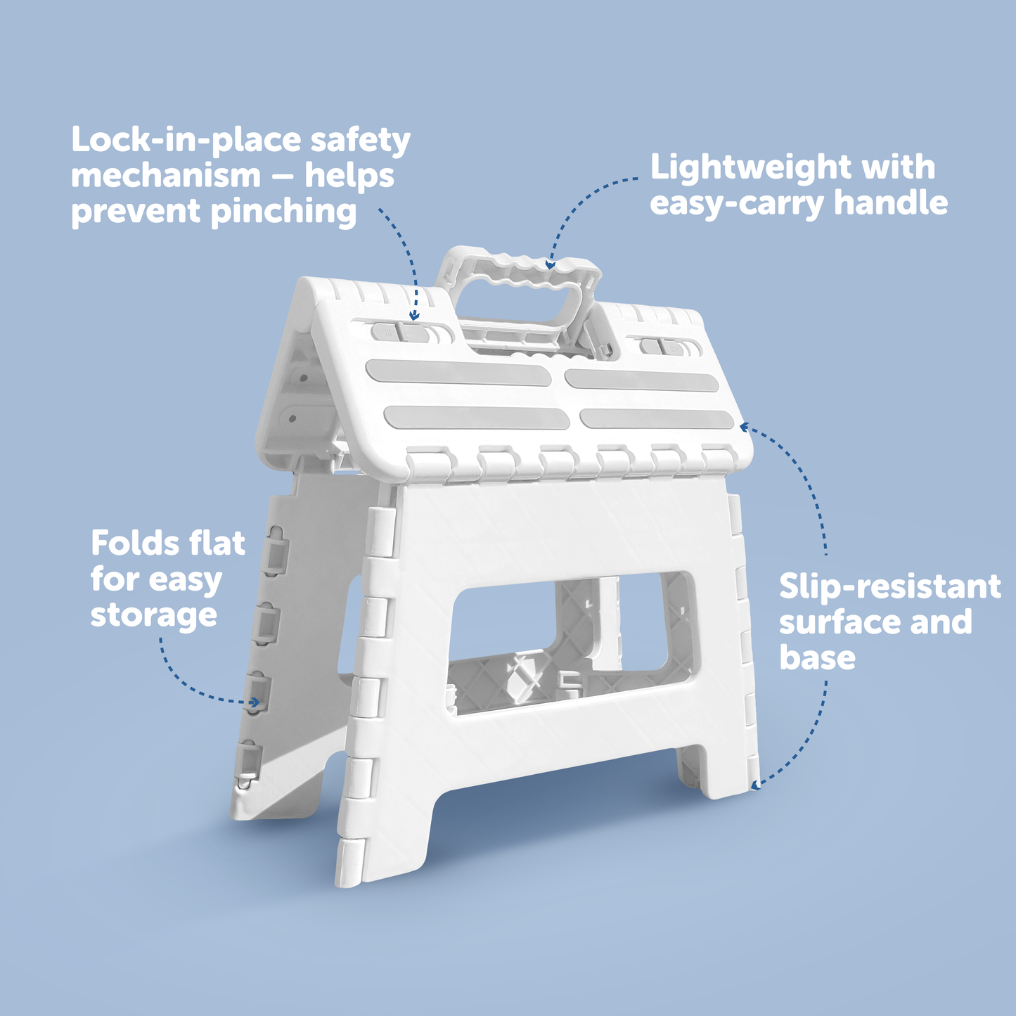 White folding step stool with features highlighted on a light blue background