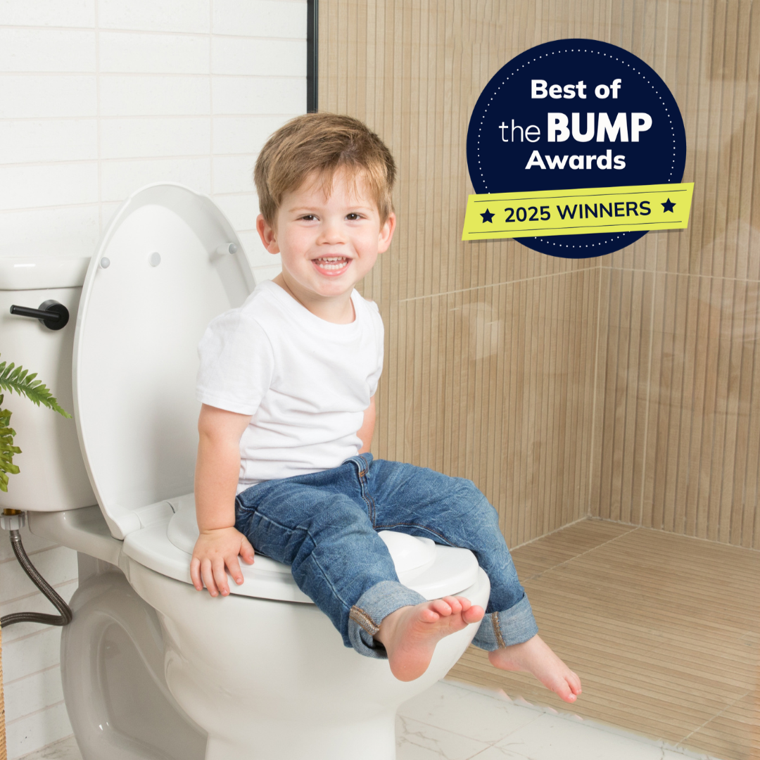 Child sitting on a toilet with 'Best of the Bump Awards' 2025 Winners badge in the corner.