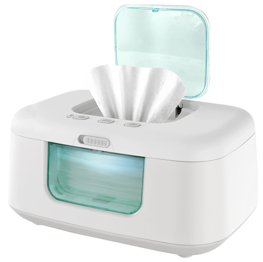 A white baby wipe warmer with a clear window, an open lid, and an LED nightlight illuminated from the inside.