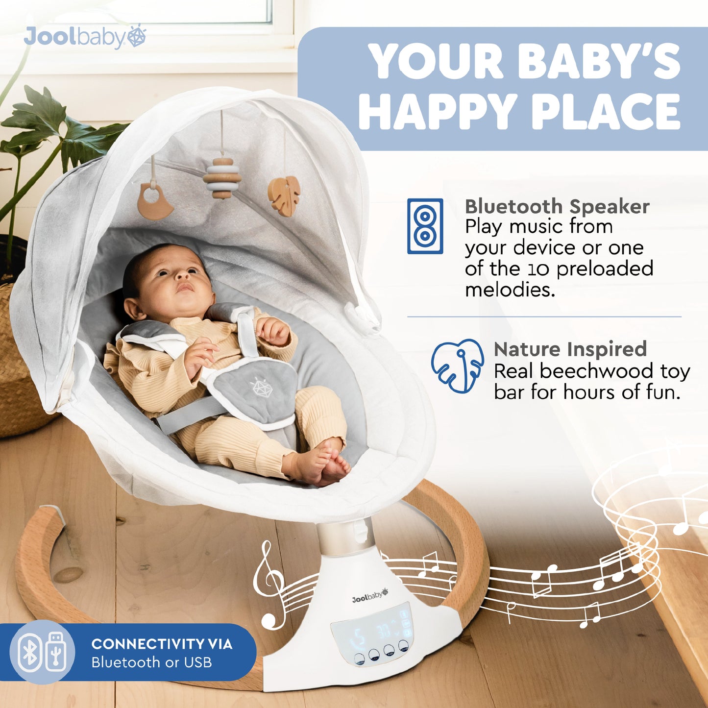 Nova Nature Baby Swing for Newborns - Electric Motorized Infant Swing, Bluetooth Music, 10 Preset Melodies, Remote - Jool Baby