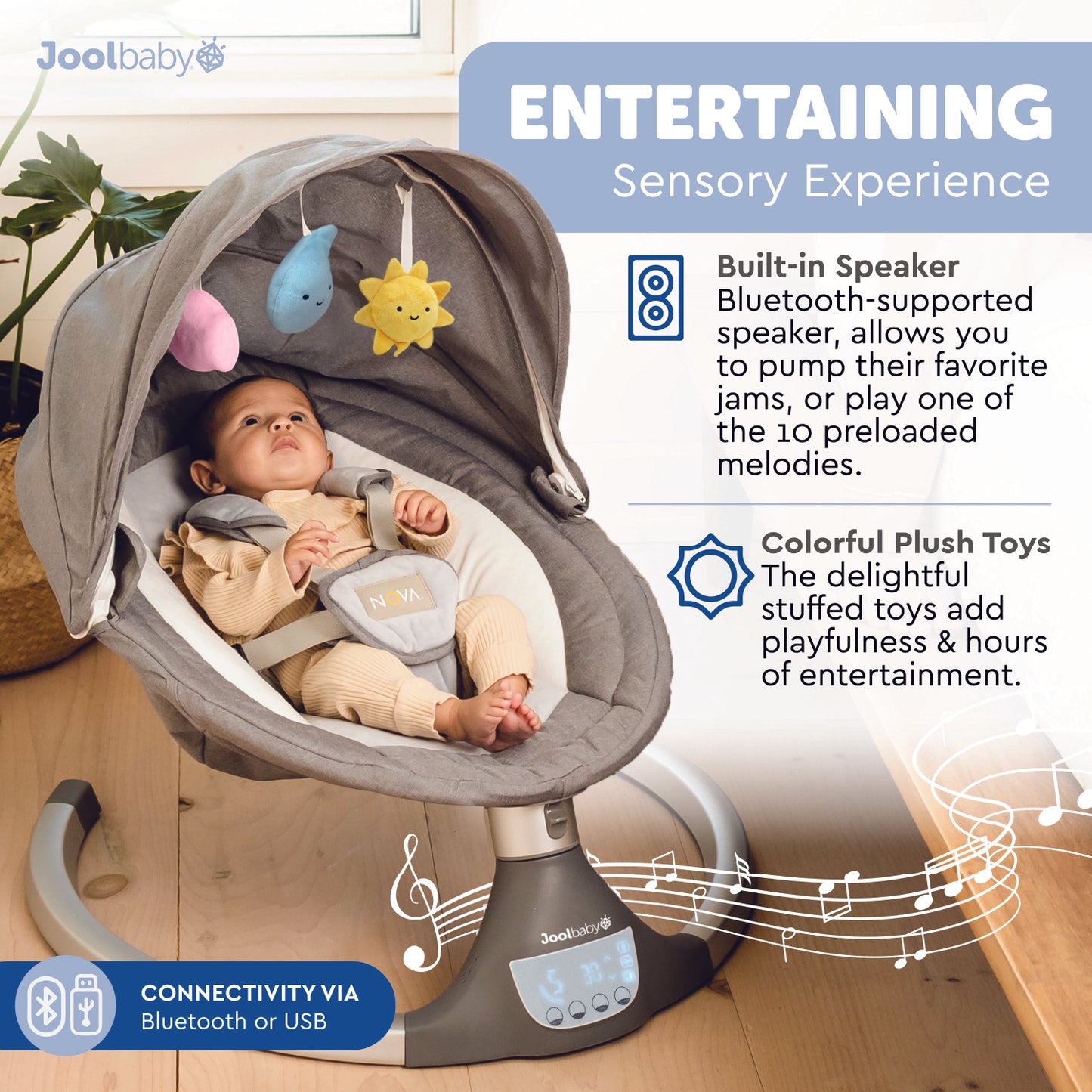 Nova Baby Swing for Infants - Motorized Swing, Bluetooth Music Speaker with 10 Preset Lullabies, Remote Control, Gray