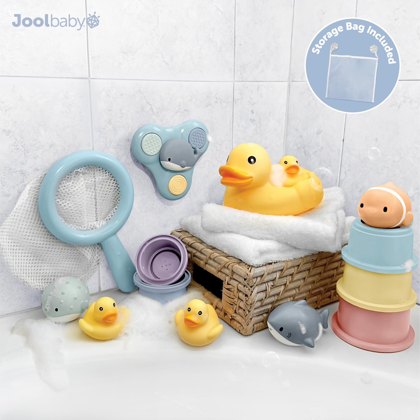 15pc bath gift set with rubber ducks, cups, net and whale fidget spinner