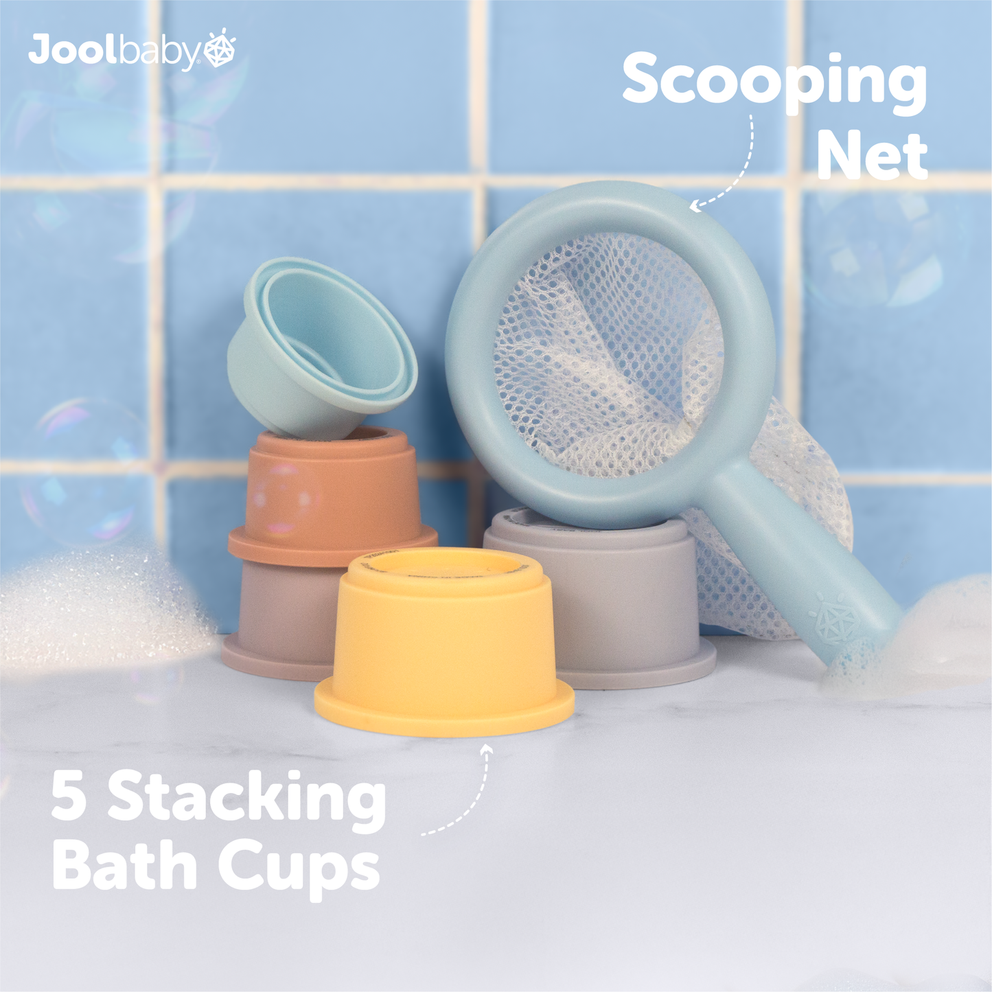 Bath giftset showing scoopingnet and five stacking bath cups