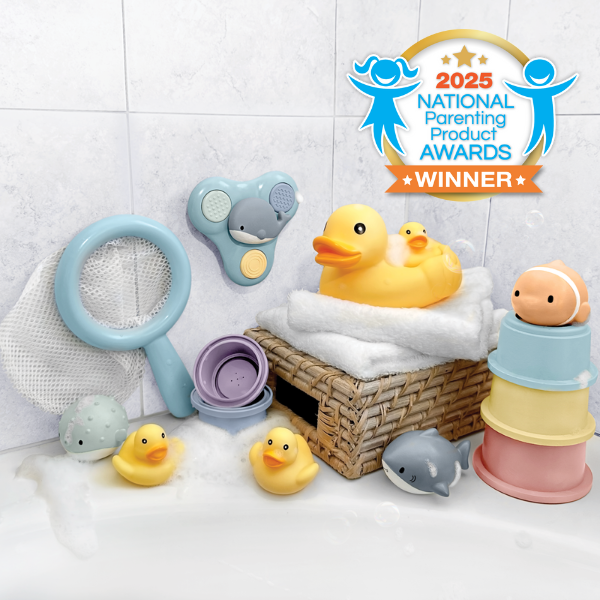 Bath toys including rubber ducks, a shark, and a net on a white tiled background with a 2025 National Parenting Product Awards Winner badge.
