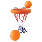 A bath time basketball set with an orange hoop, two orange balls, and white netting.