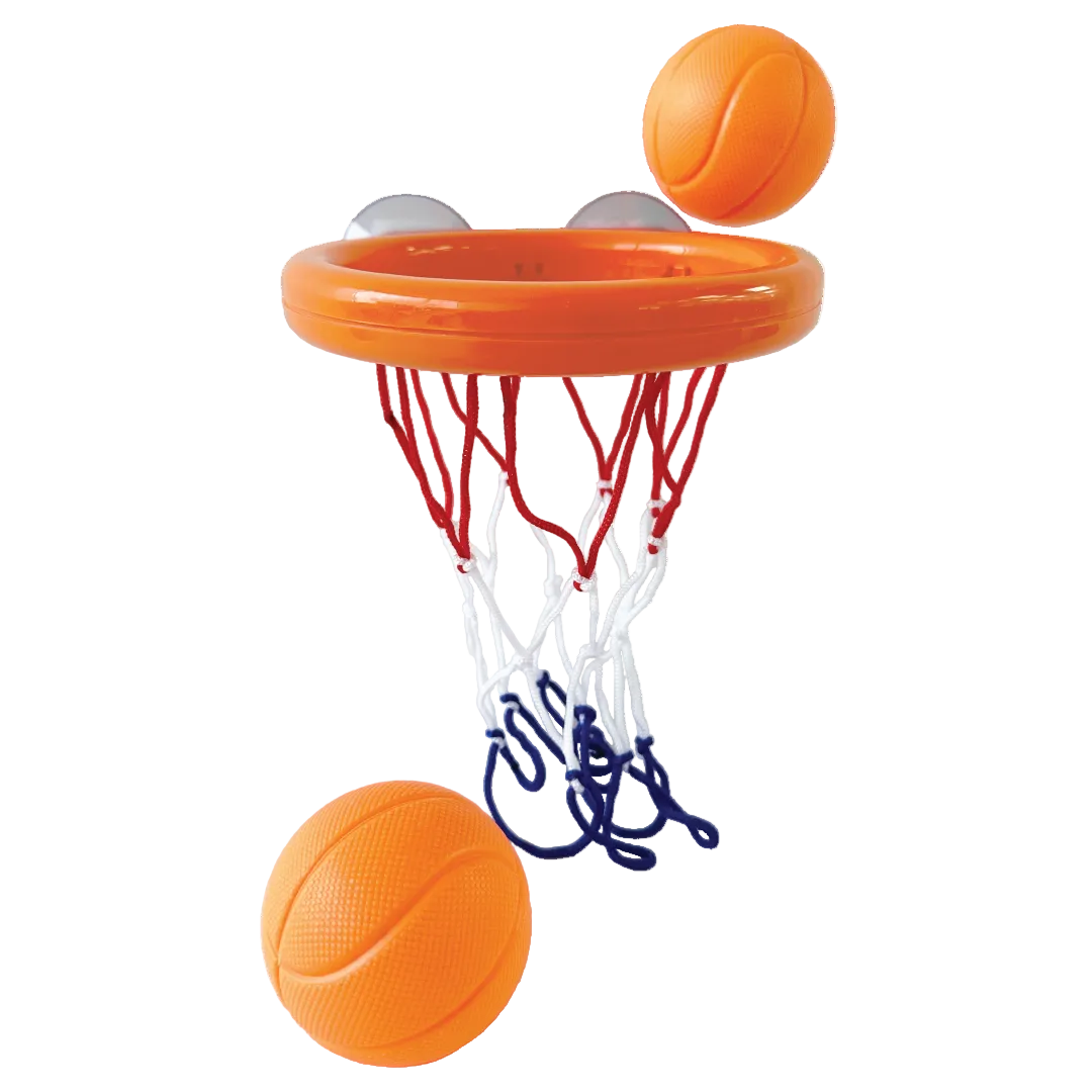 A bath time basketball set with an orange hoop, two orange balls, and white netting.