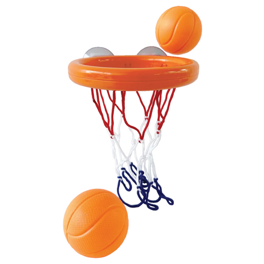 A bath time basketball set with an orange hoop, two orange balls, and white netting.