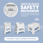 White step stool with lock-in-place safety mechanism on a light blue background
