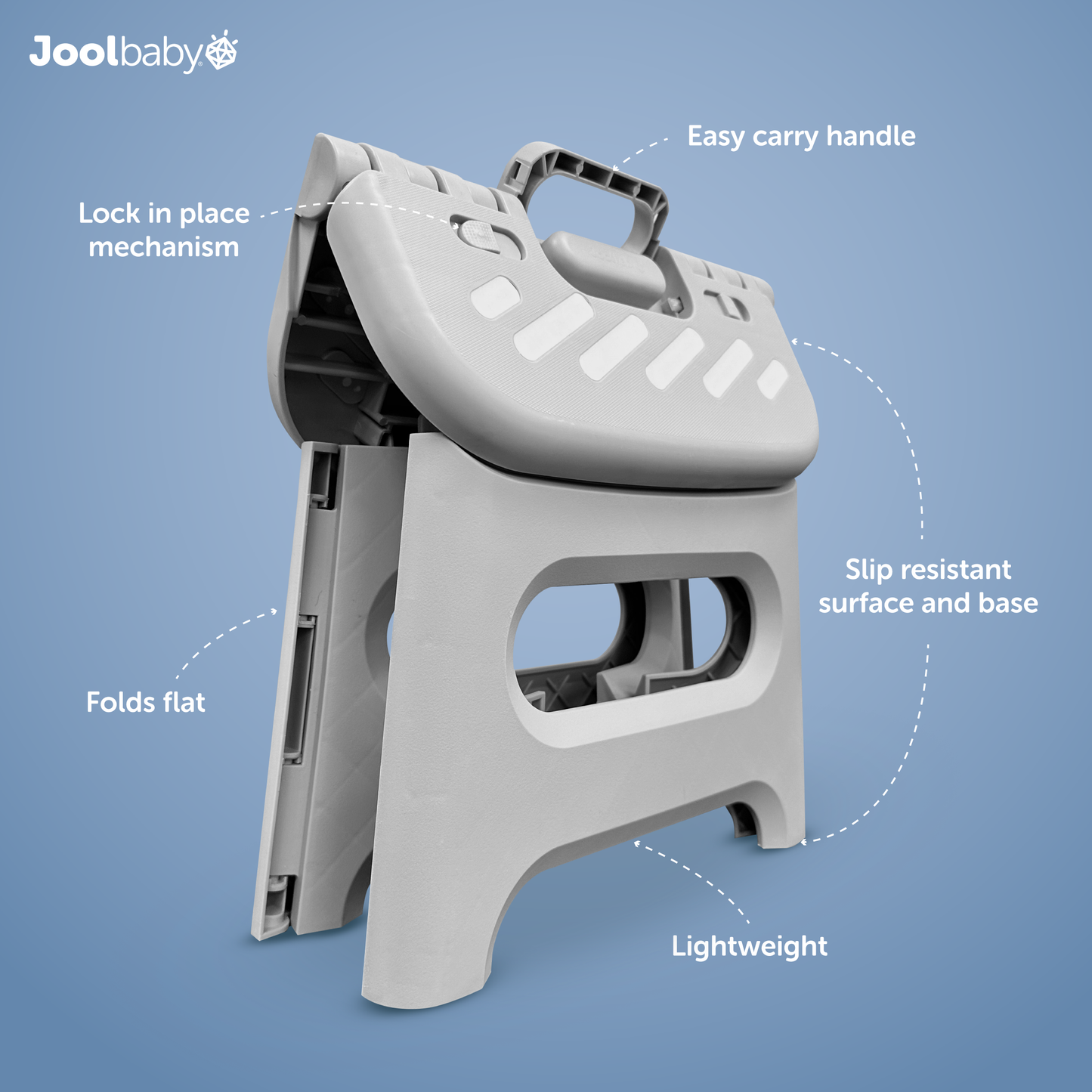 The folding step stool has an easy to carry handle and many other features to make potty training easier