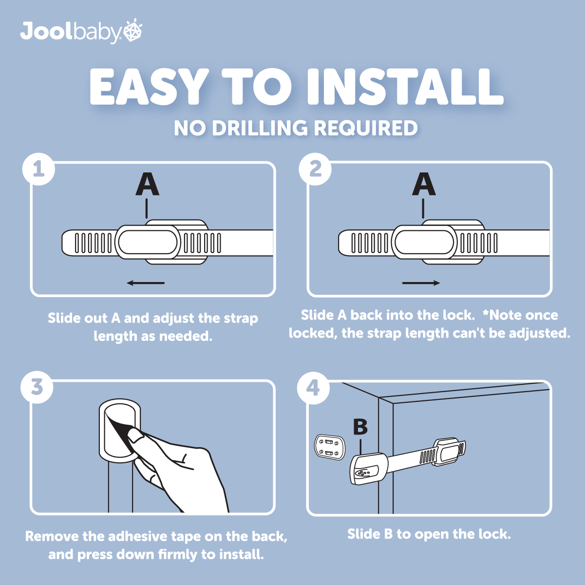 Jool Baby multi use strap lock is easy to install with no drilling required