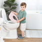 Child interacting with a toilet seat cover in a bathroom setting