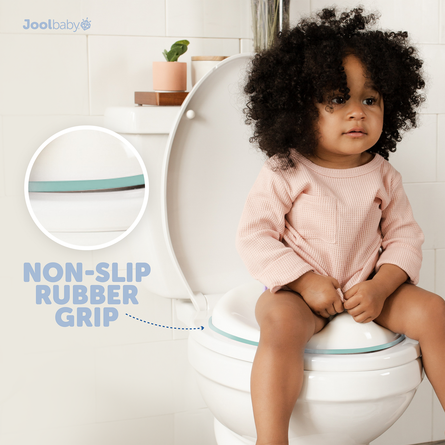 Potty training seat in aqua has nonslip rubber grips for stability