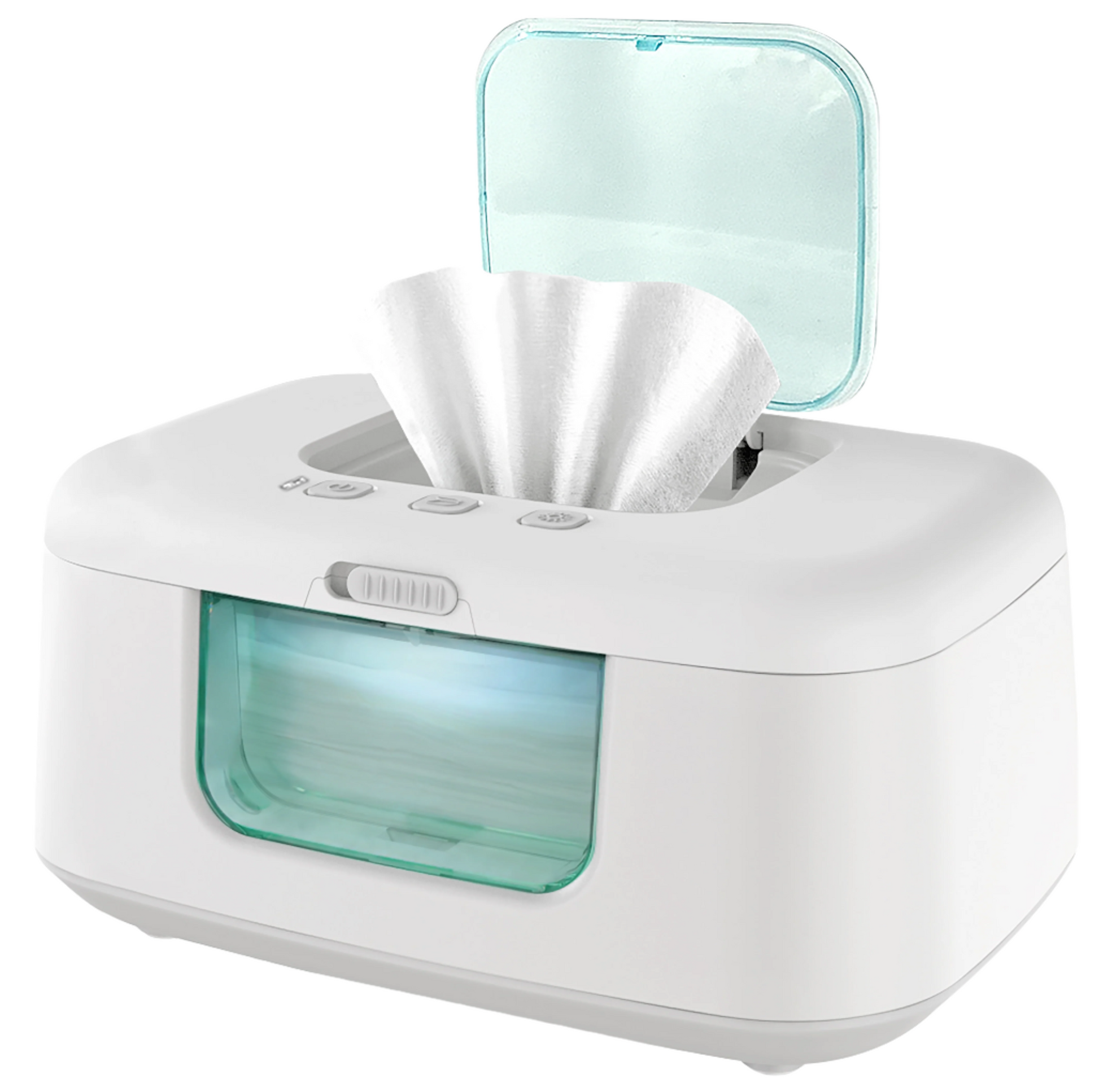 A white baby wipe warmer with a clear window, an open lid, and an LED nightlight illuminated from the inside.