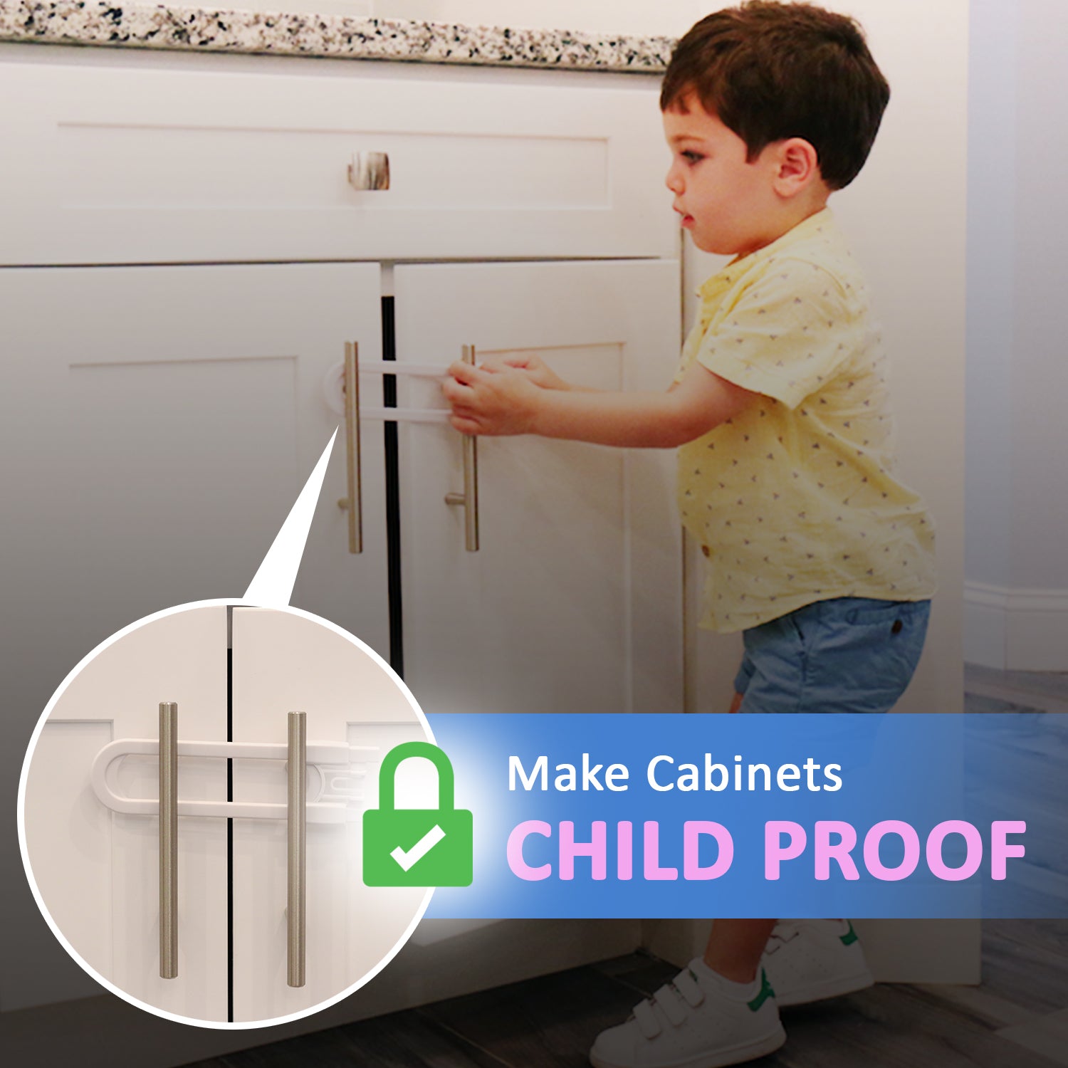 Jola's House Child Proof Sliding Cabinet Door Code Locks Baby Safety Cupboard Locks Adjustable U Shaped Cabinet Latches for Knob Handle Drawers Closet (4pcs
